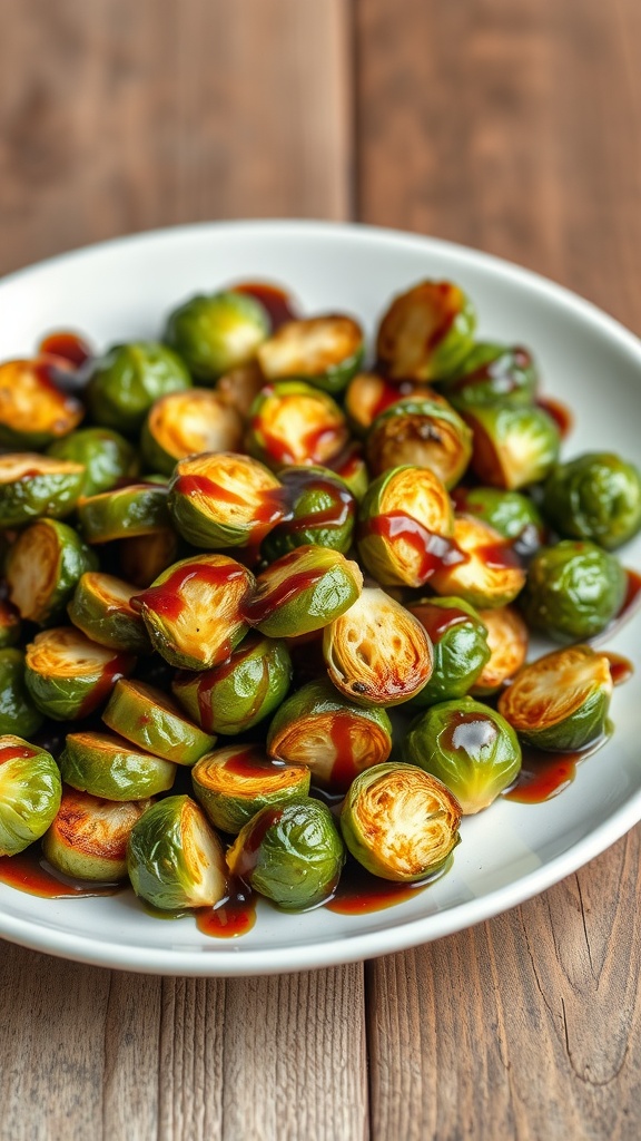 A plate of crispy Brussels sprouts drizzled with balsamic glaze.