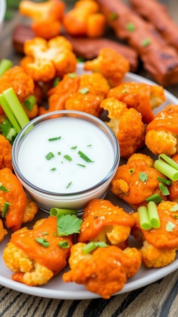 A platter of crispy buffalo cauliflower bites with a small bowl of dipping sauce.