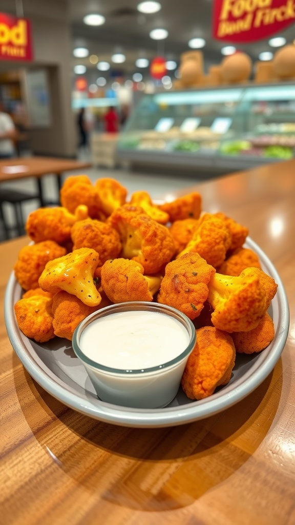 A plate of crispy buffalo cauliflower bites served with ranch dressing