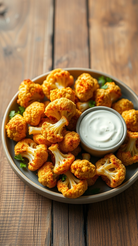 A plate of crispy cauliflower bites served with ranch dip on a wooden table.