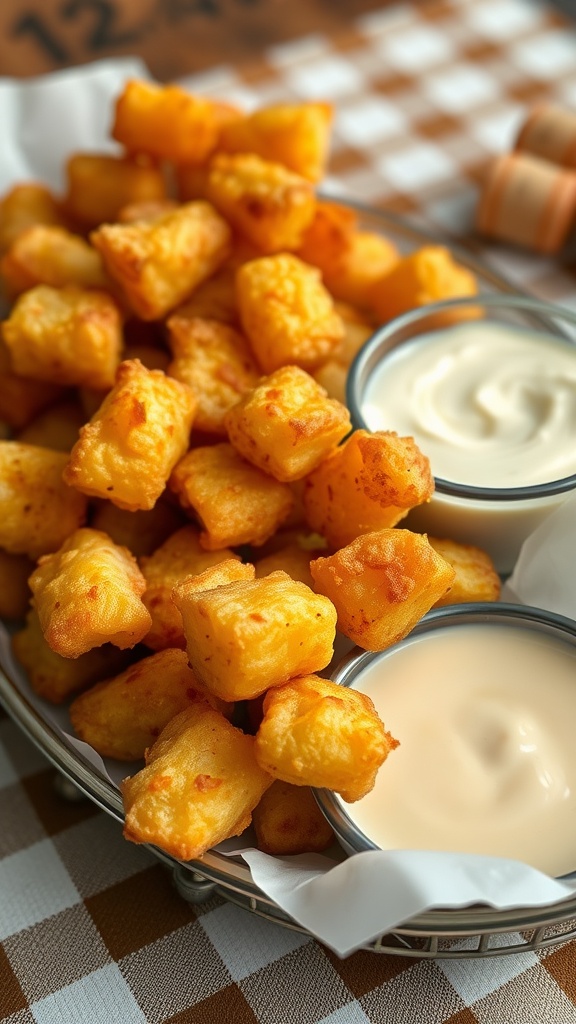 A basket of crispy cheese curds with dipping sauces