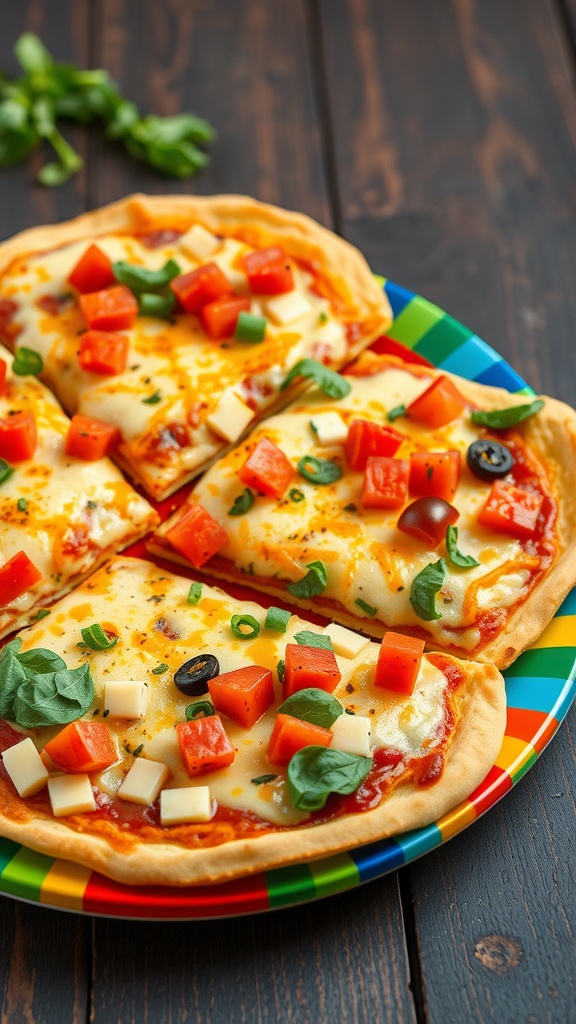 A colorful plate of crispy cheese tortilla pizzas topped with diced vegetables and cheese.