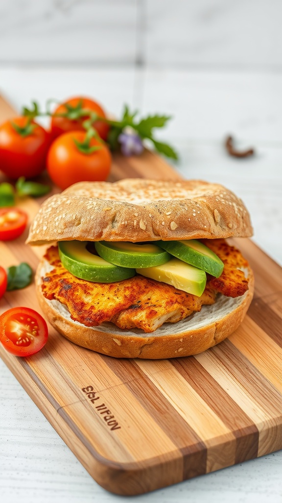 Crispy chicken sandwich with avocado on a wooden cutting board, with fresh tomatoes and greens in the background.