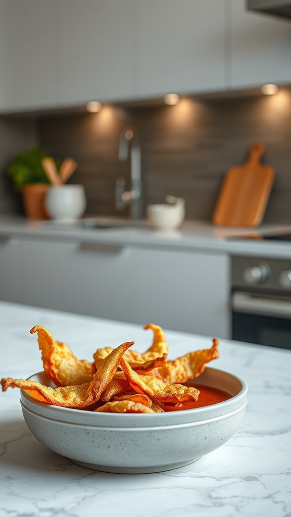 A bowl of crispy chicken skin chips on a kitchen countertop.