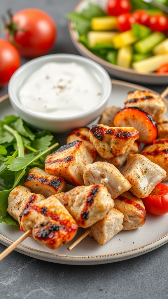 Crispy Chicken Souvlaki served with Tzatziki and fresh vegetables.