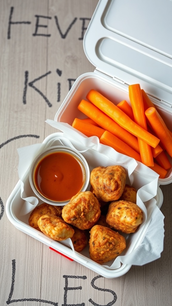 A lunch box featuring crispy chicken thigh bites, orange carrot sticks, and a dipping sauce.