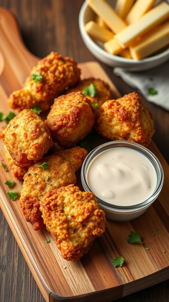 A plate of crispy chicken thigh bites served with two dipping sauces.