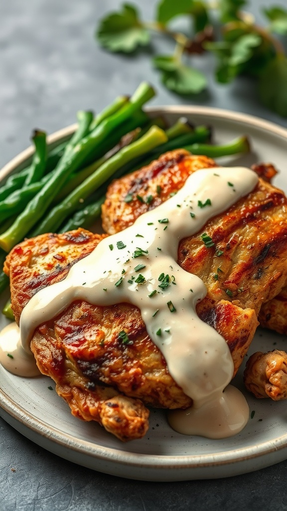 Crispy chicken thighs with cream sauce and green beans on a plate