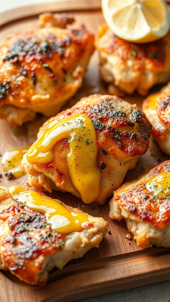 Crispy chicken thighs with garlic butter on a wooden cutting board.
