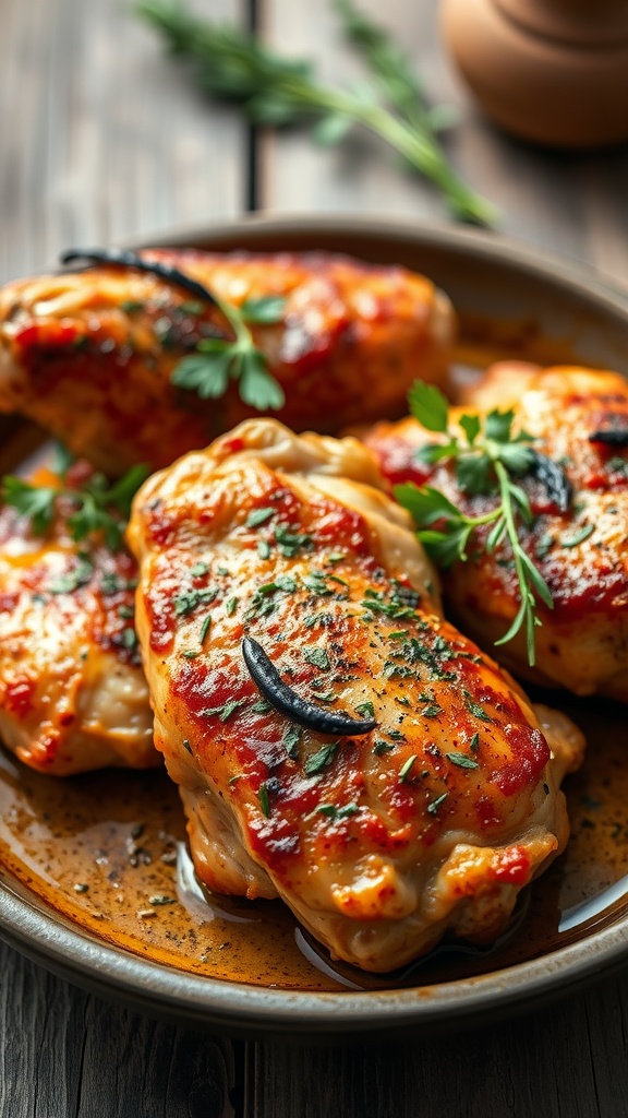Crispy chicken thighs garnished with herbs on a plate.