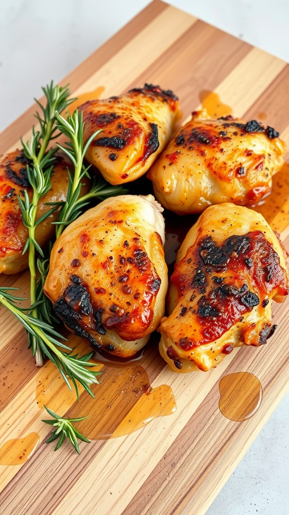 Crispy chicken thighs with rosemary on a wooden cutting board.