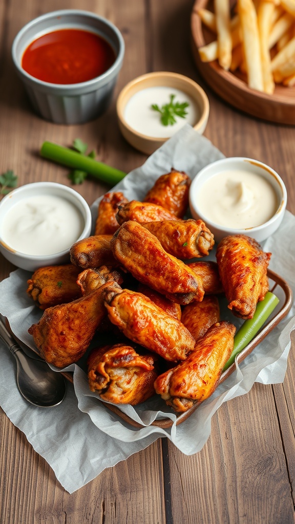 A plate of crispy chicken wings with various dipping sauces