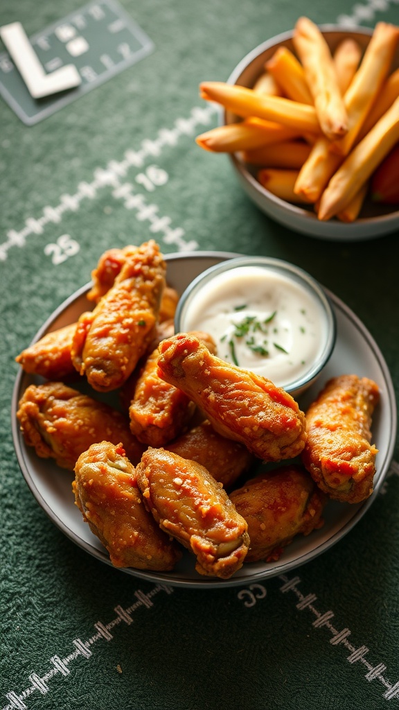 A plate of crispy chicken wings with a herb dip and side of fries on a football-themed table.