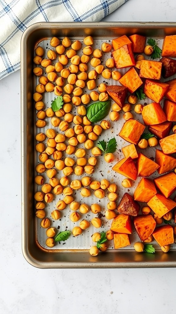 A sheet pan with roasted chickpeas and sweet potato cubes, garnished with fresh herbs.