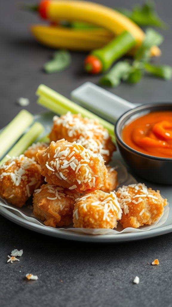 A plate of crispy coconut chicken bites with a dipping sauce, garnished with celery and colorful vegetables.