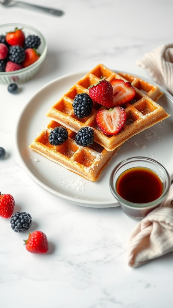 Crispy coconut flour waffles topped with strawberries and blackberries, served with syrup.