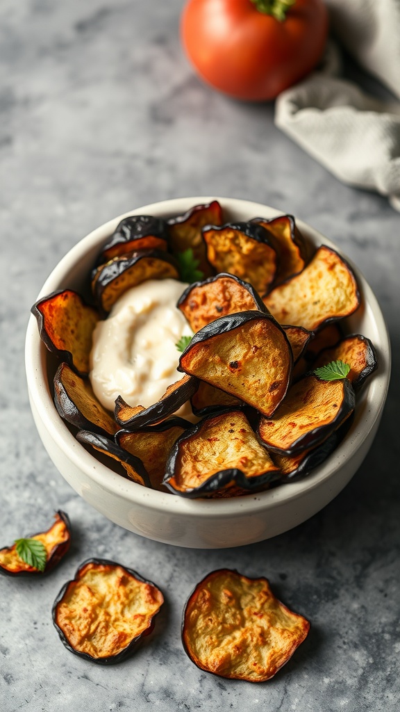 A bowl of crispy eggplant chips with a dip on a marble surface.