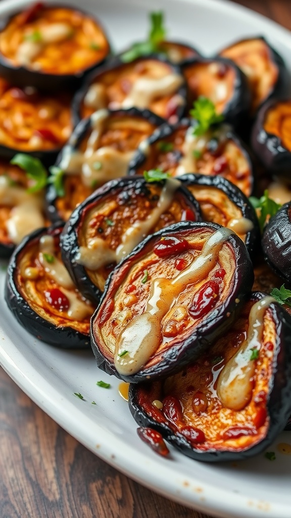 A plate of crispy eggplant slices topped with garlic sauce and garnished with herbs.