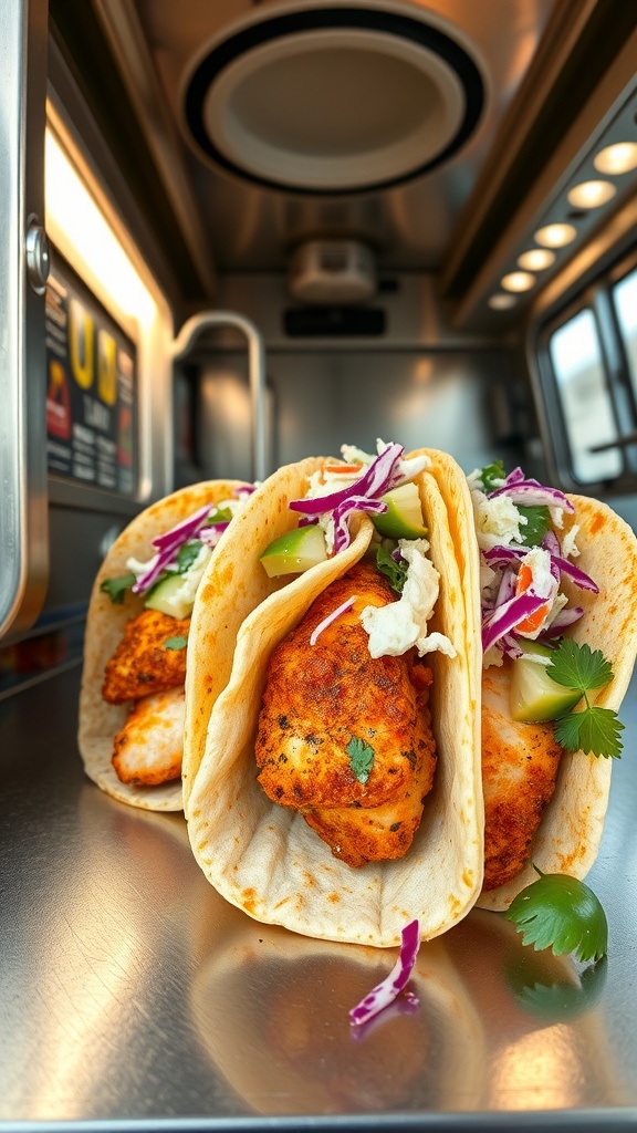 Three crispy fish tacos with slaw in a food truck setting.