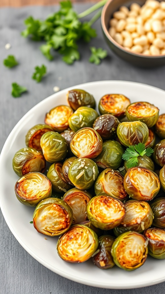 Crispy garlic parmesan Brussels sprouts arranged on a plate.