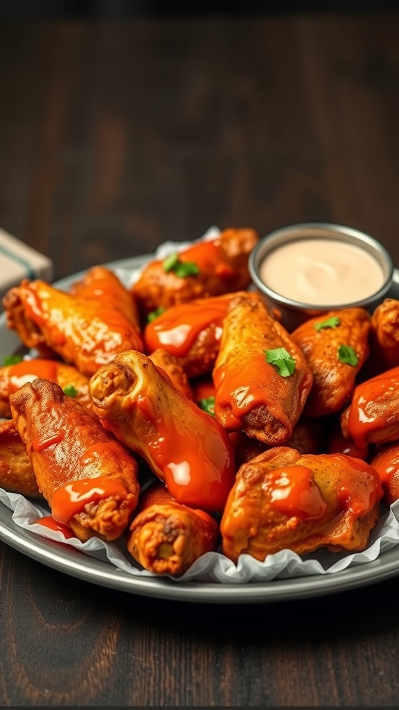 A plate of crispy chicken wings drizzled with sauce, served with a dipping sauce on the side.