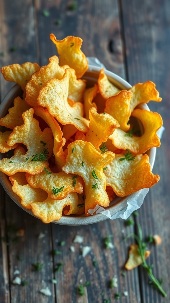 A bowl of crispy Parmesan chips with some scattered around on a rustic table.