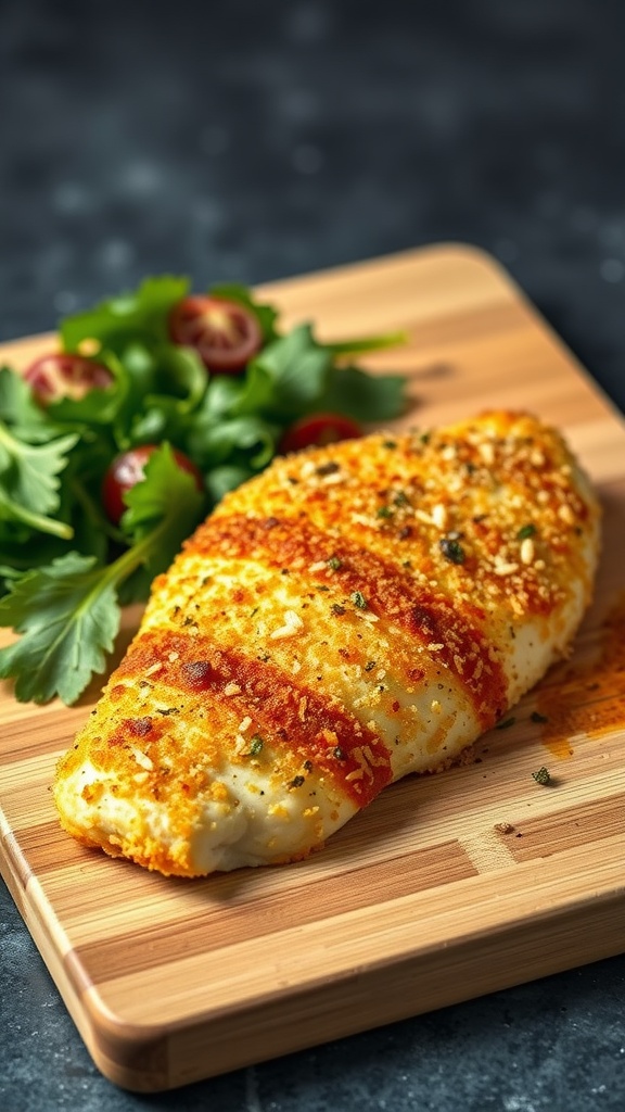 A perfectly cooked crispy parmesan crusted chicken breast on a wooden cutting board with a side of mixed greens and cherry tomatoes.