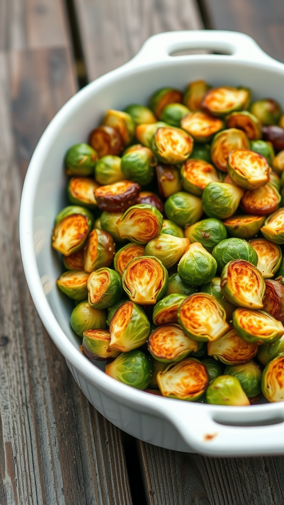 A white dish filled with crispy roasted Brussels sprouts