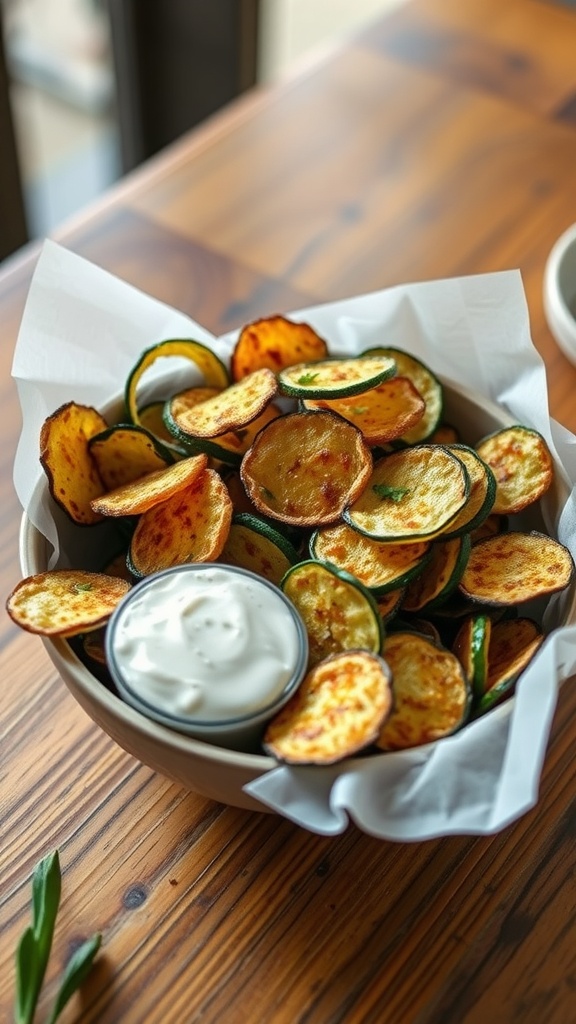 A bowl of crispy zucchini chips with a side of dip on a wooden table