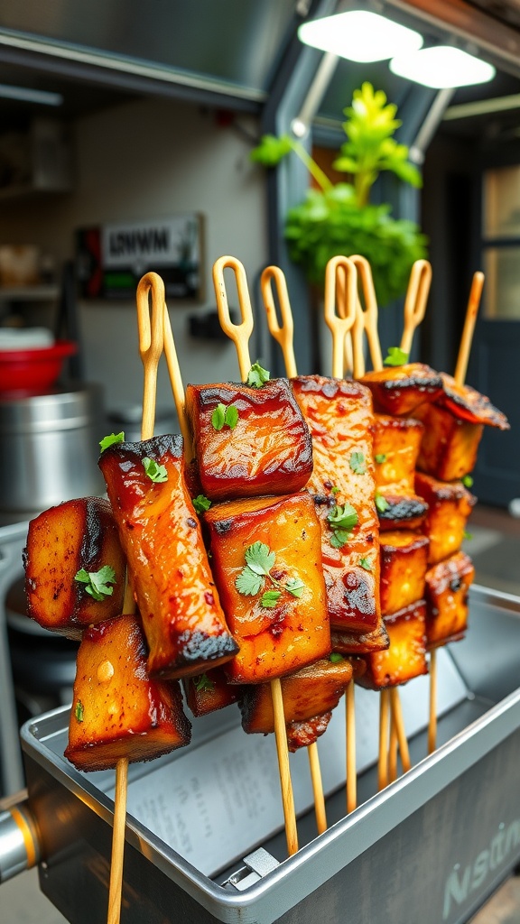 Crispy pork belly skewers served on wooden sticks with garnish.