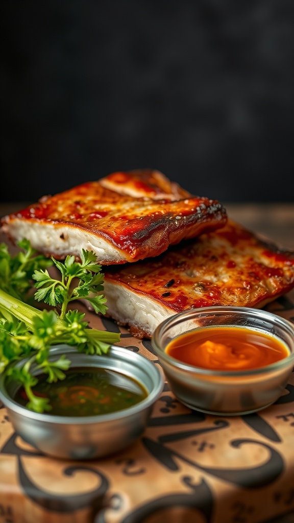 Crispy pork belly served with two dipping sauces and fresh herbs on the side.