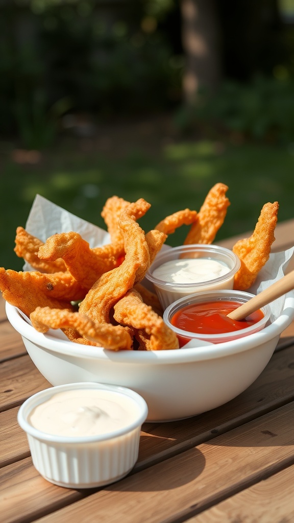 A bowl of crispy pork rinds with dipping sauces