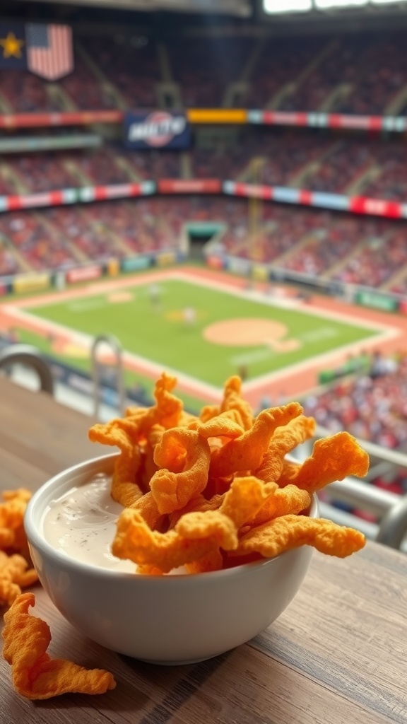 A bowl of crispy pork rinds with dip in a stadium setting