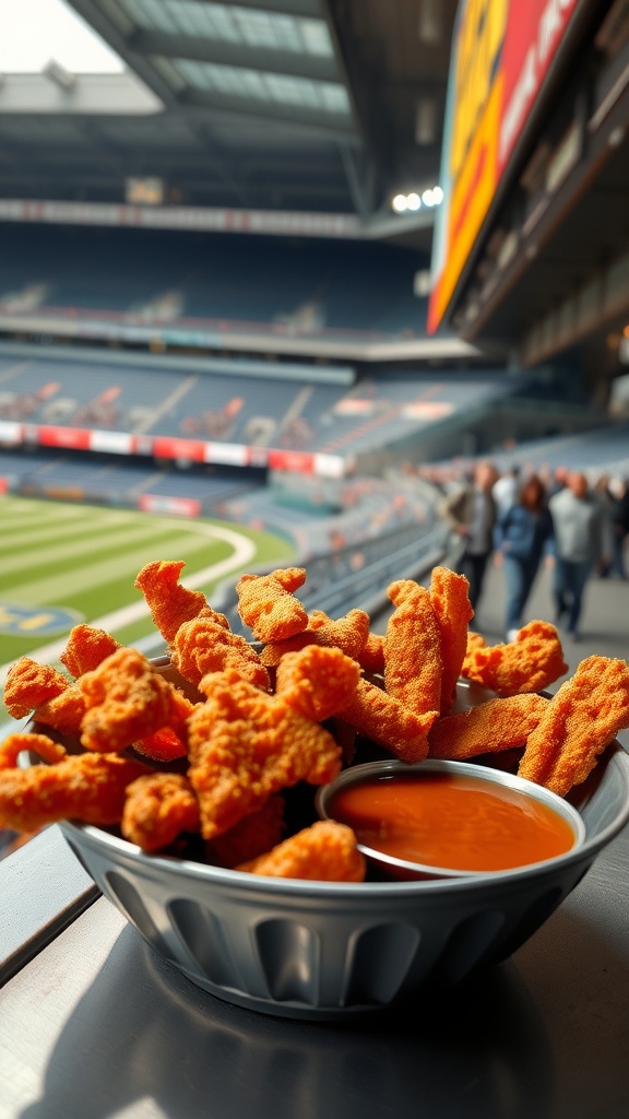 A bowl of crispy pork rinds with a dipping sauce in a stadium setting