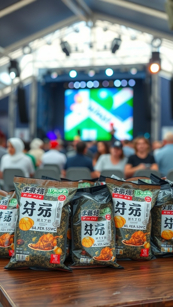 Crispy seaweed snacks displayed at a concert venue