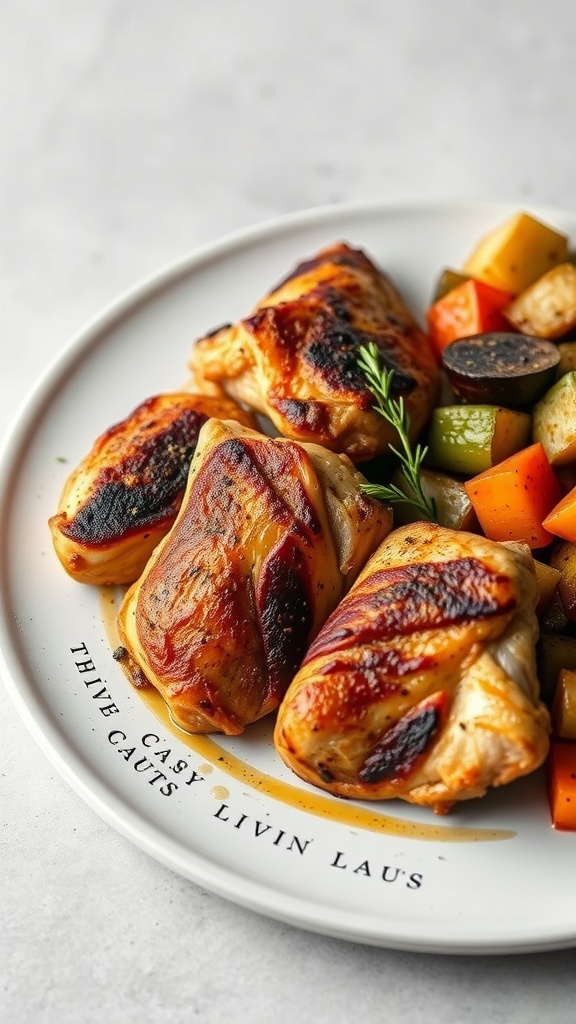 Crispy skin chicken thighs served with roasted vegetables on a plate.