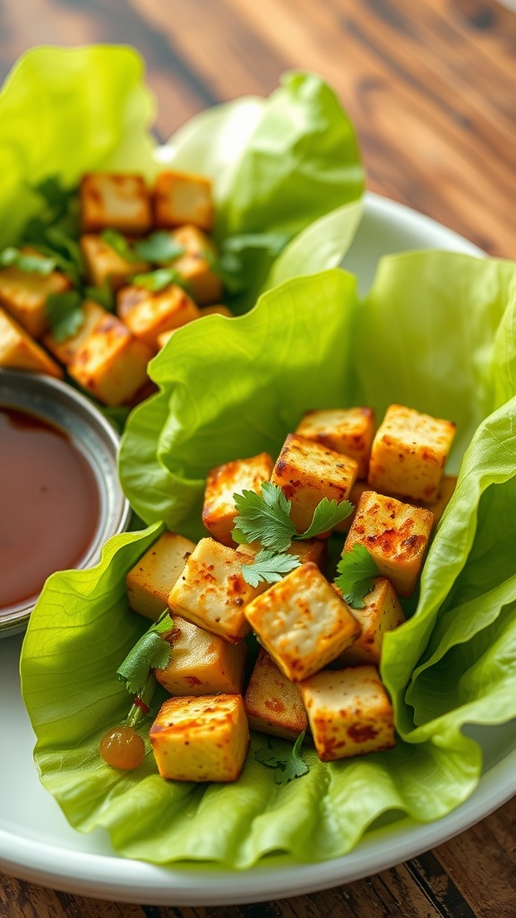 Crispy tofu cubes in lettuce wraps with cilantro and sauce