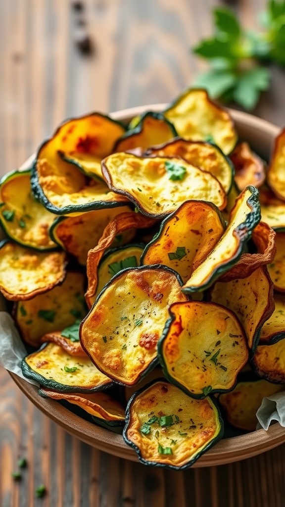 A bowl filled with crispy zucchini chips garnished with herbs.