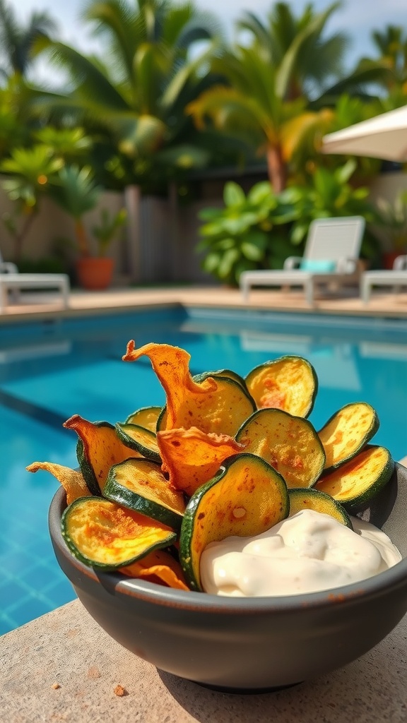 A bowl of crispy zucchini chips beside a pool