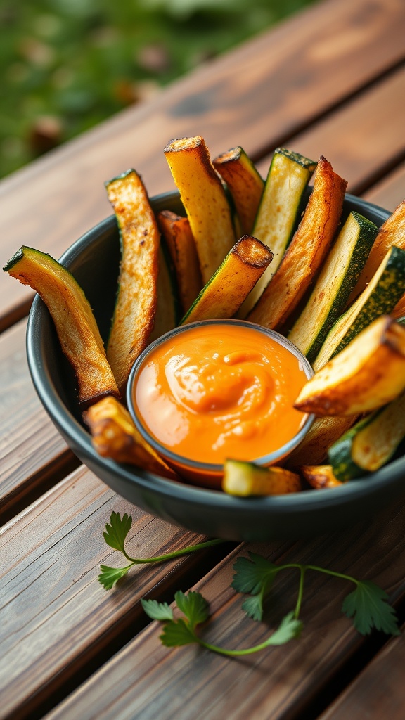 A bowl of crispy zucchini fries with a side of dipping sauce on a wooden table.