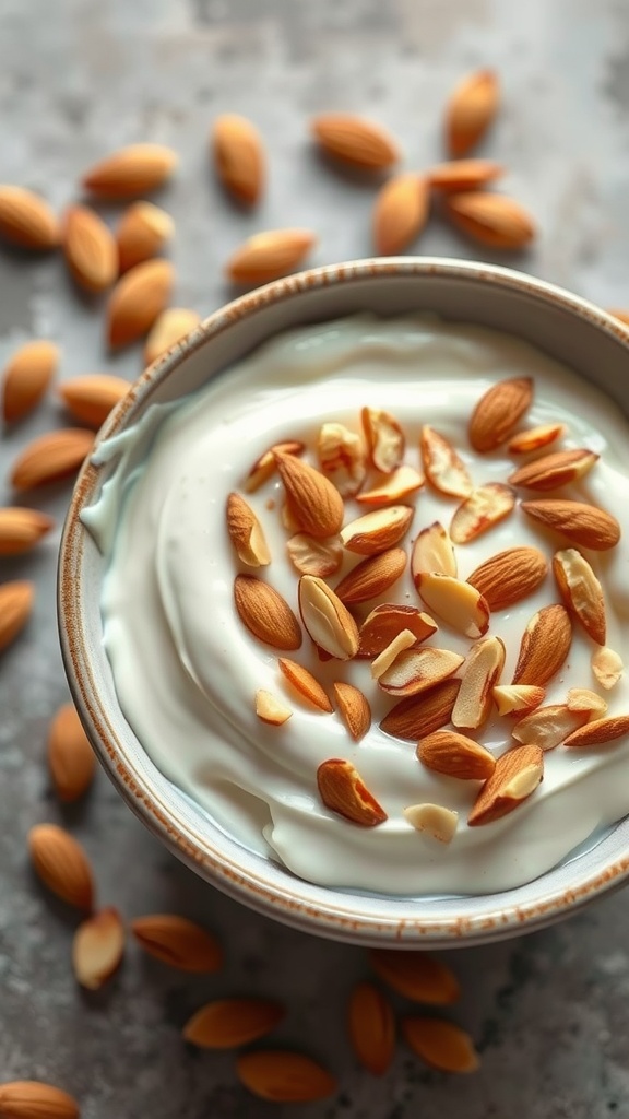 Bowl of yogurt topped with sliced almonds, surrounded by whole almonds.