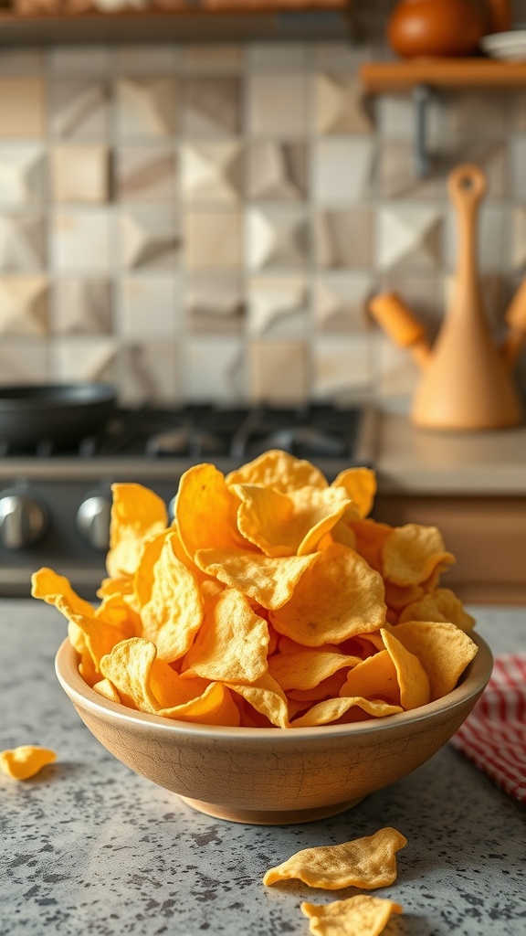 A bowl filled with crunchy cheese crisps on a kitchen countertop.