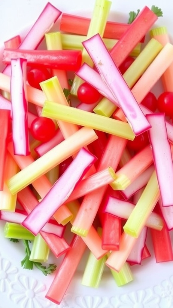 A colorful arrangement of crunchy radish slices and celery sticks together with cherry tomatoes.