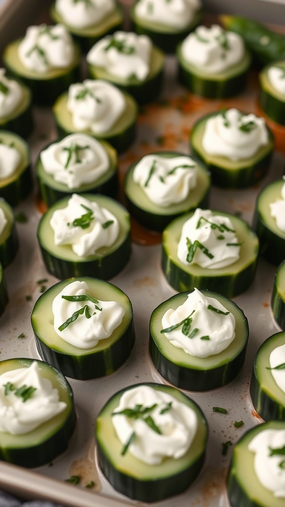 Cucumber slices topped with cream cheese and chives on a baking tray.