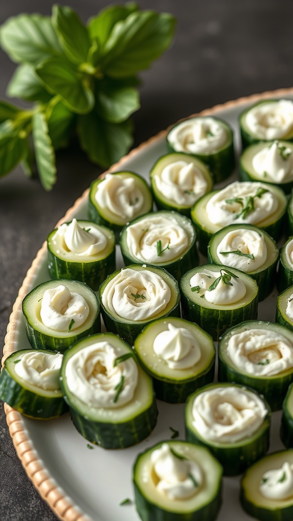 A plate of cucumber and cream cheese roll-ups garnished with herbs.