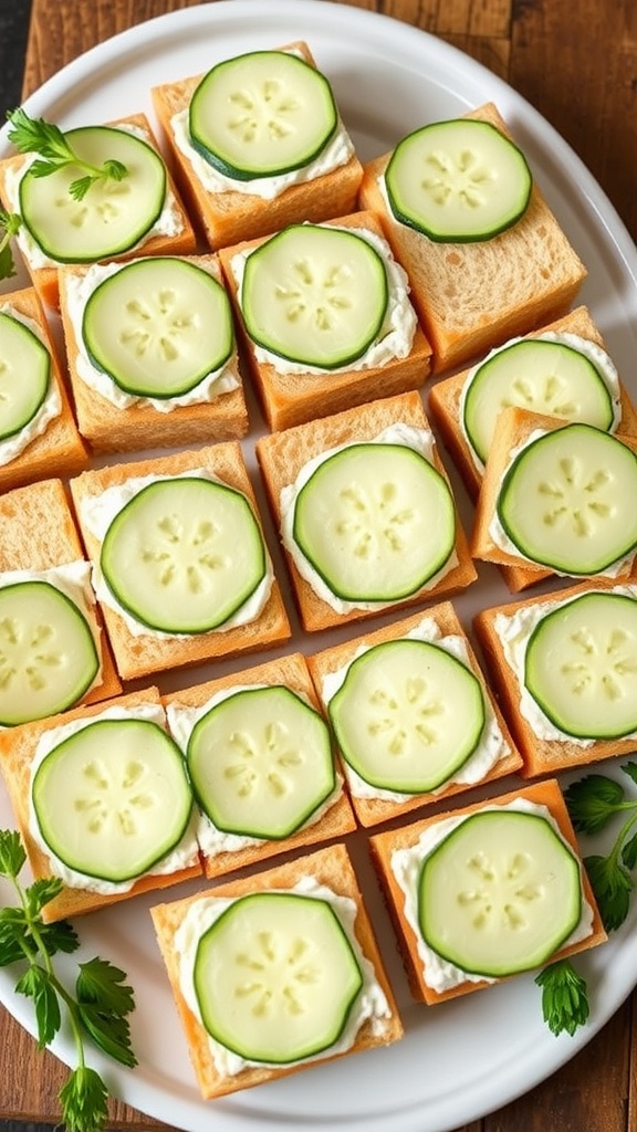 Plate of cucumber and cream cheese sandwiches cut into small squares