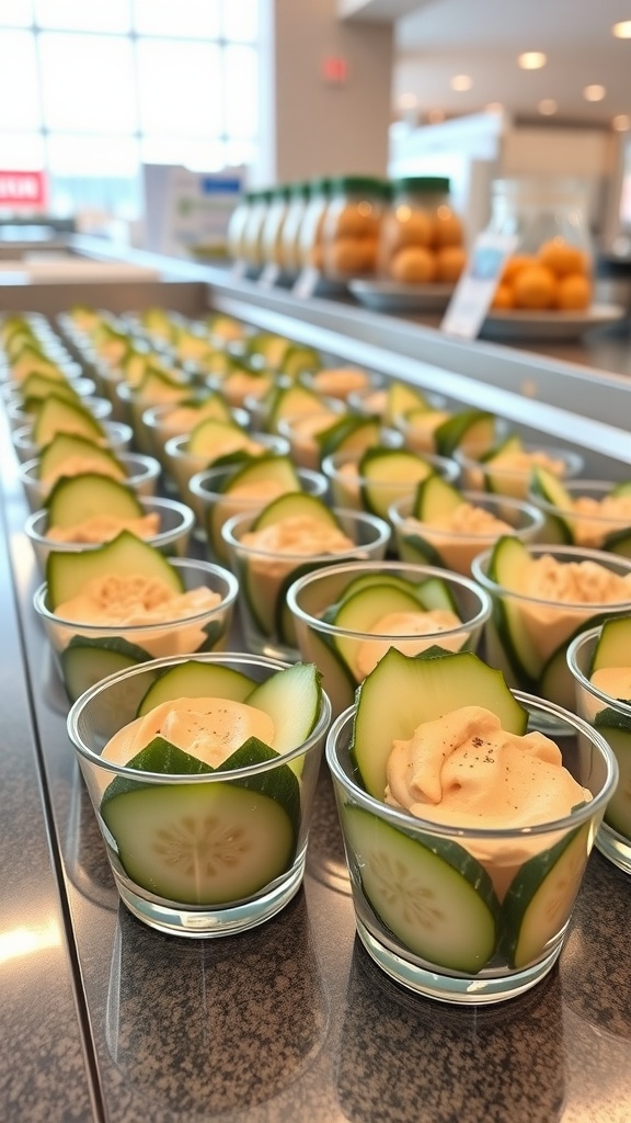 Cucumber and hummus cups lined up in a display at an airport terminal.