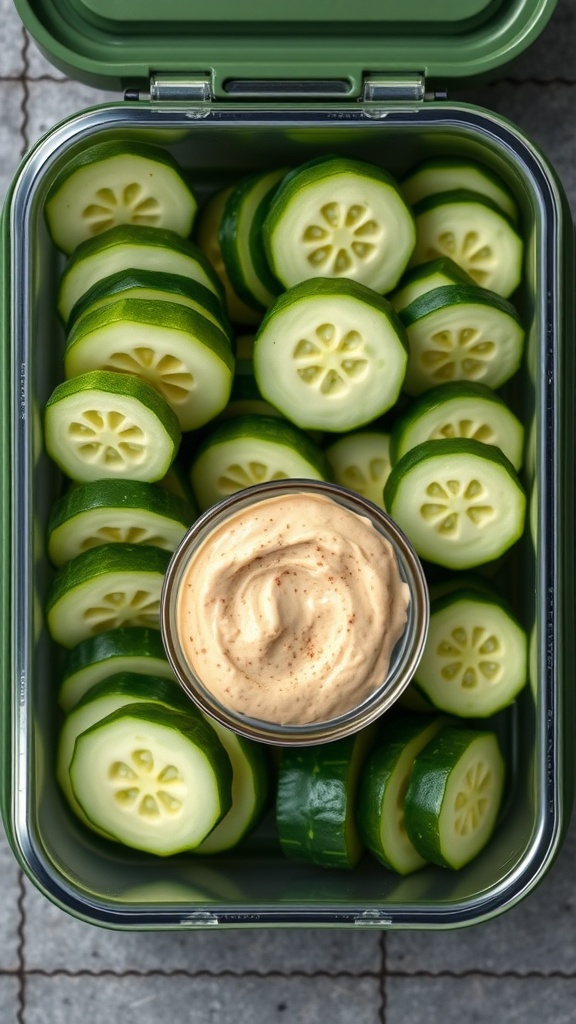 A lunch box with sliced cucumbers and a small bowl of hummus.