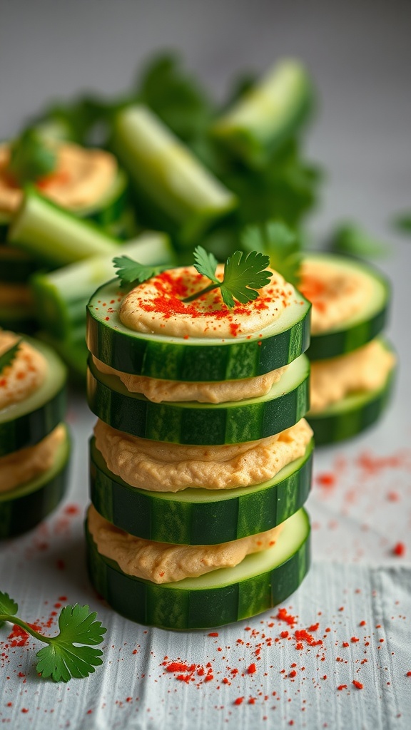 Stack of cucumber slices filled with hummus, garnished with cilantro and paprika.