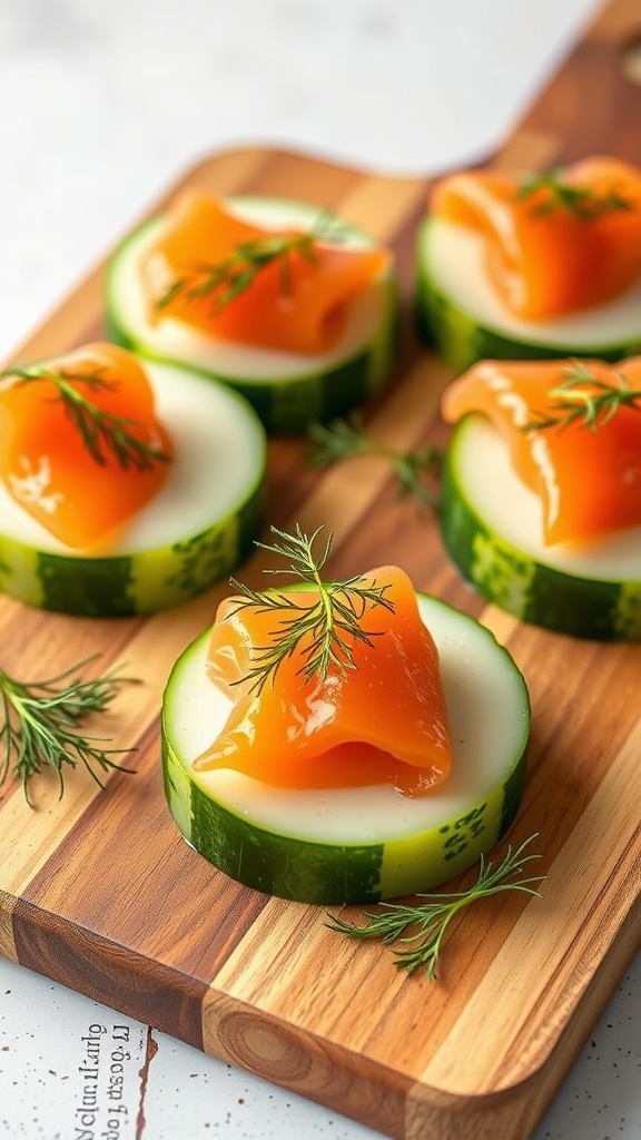 Cucumber slices topped with salmon on a wooden cutting board